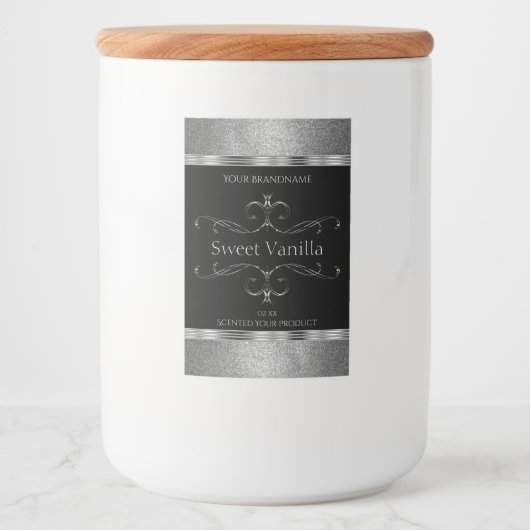 Luxury Black Silver Glitter productlabels Voedselcontainer Etiket (Voorkant)