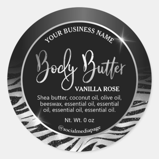 Luxury Black Silver Zebra Print Body Butter Labels (Voorkant)