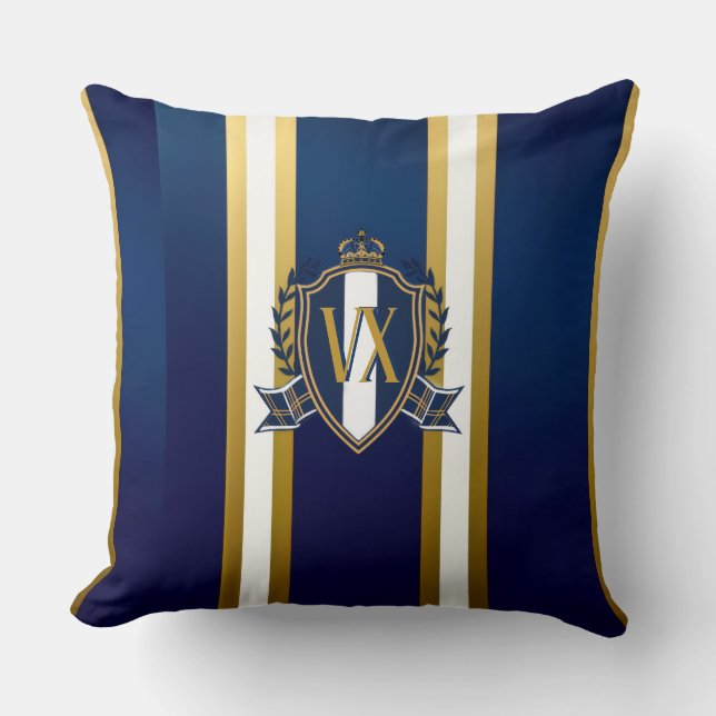 Luxury Blue and White Monogrammed Crest Decorative Kussen (Voorkant)