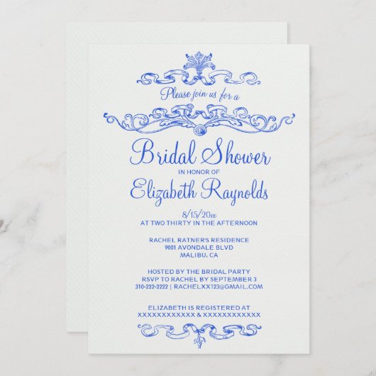 Luxury Blue Bridal Shower-uitnodigingen Kaart (Voorkant / Achterkant)