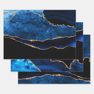 Luxury Blue en Gold Glitter Agate Birthday Inpakpapier Vel