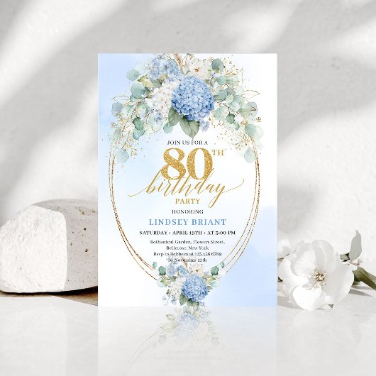 Luxury Blue Floral Eucalyptus 80th Birthday Invite Kaart