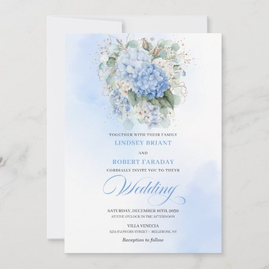 Luxury Blue Hydrangea Gold Wedding Invitation (Devant)