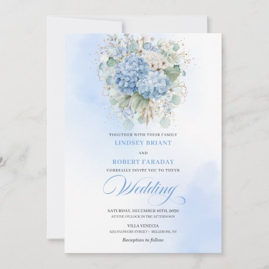 Luxury Blue Hydrangea Gold Wedding Invitation (Devant)