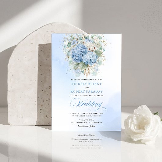 Luxury Blue Hydrangea Gold Wedding Invitation Kaart