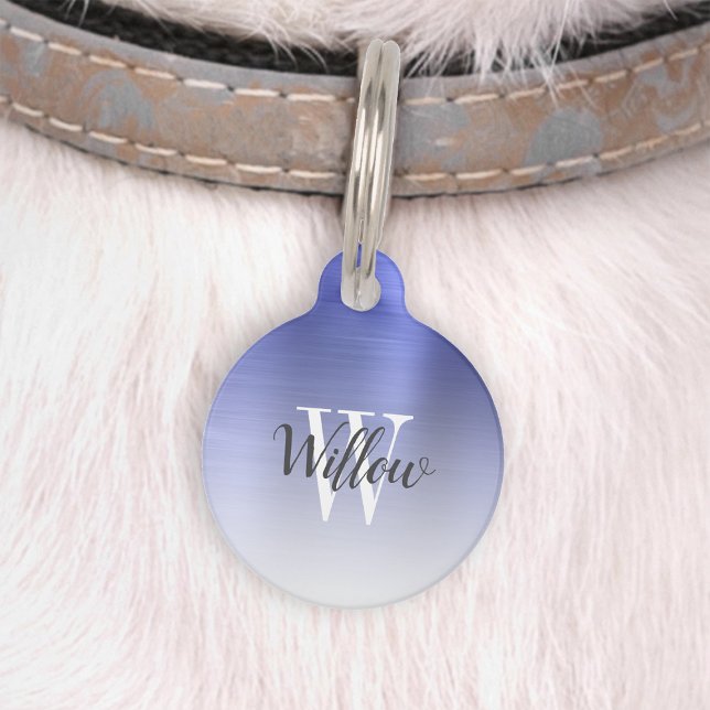 Luxury Blue Ombre Brushed Metal Monogram Huisdierpenning (Creator heeft geüpload)
