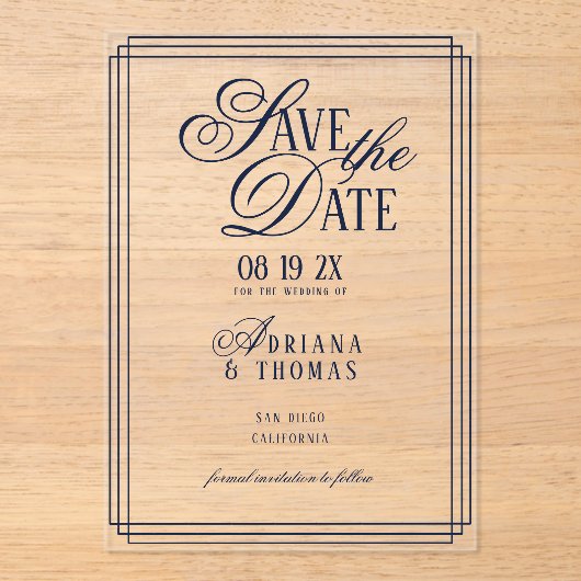 Luxury Blue Wedding Save The Date Acryl Uitnodigingen (Voorkant)