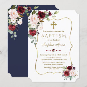 Luxury Blush Burgundy Flowers Gold Cross Baptisme Kaart