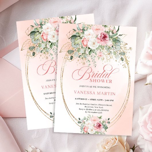 Luxury Blush Roses Bridal Shower Gold Invitation