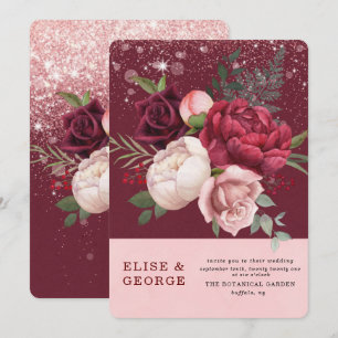 Luxury Burgundy Blush Pink Peony Glitter Weddensch Kaart