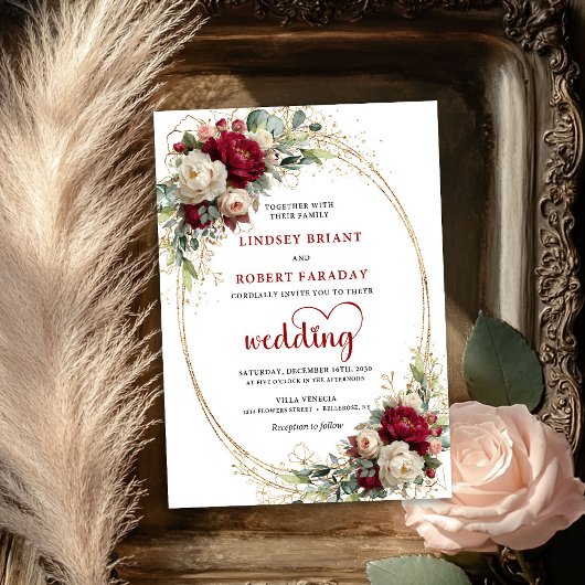 Luxury Burgundy Bohemian Floral Wedding Invitation