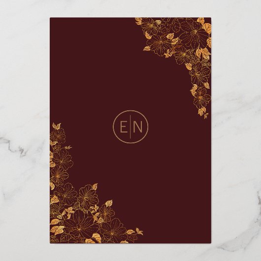 Luxury Burgundy & Gold Birds Floral Pattern Folie Uitnodiging (Achterkant)