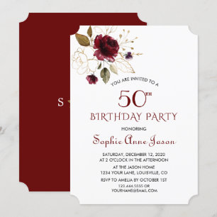 Luxury Burgundy Gold Floral 50th Birthday Monogram Kaart