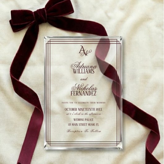 Luxury Burgundy Monogram Wedding Acryl Uitnodigingen