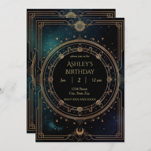 Luxury Celestial Birthday Invitation – Midnight (Devant / Derrière)