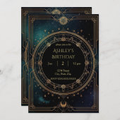 Luxury Celestial Birthday Invitation – Midnight Kaart (Voorkant / Achterkant)