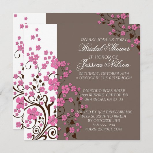 Luxury Cherry Blossom Brown douche Invitation (Devant / Derrière)