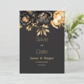 Luxury classy black gold peony flora Save the Date Kaart (Staand voorkant)
