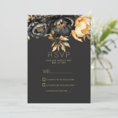 Luxury classy black gold peony floral RSVP Kaart (Staand voorkant)