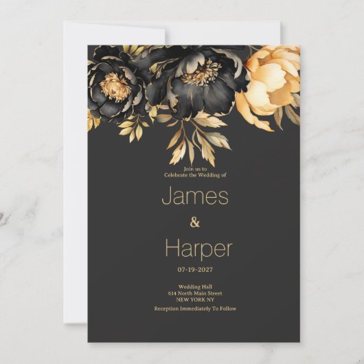 Luxury classy black gold peony floral Wedding  Kaart (Voorkant)