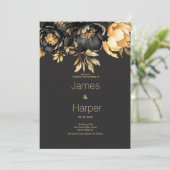 Luxury classy black gold peony floral Wedding  Kaart (Staand voorkant)