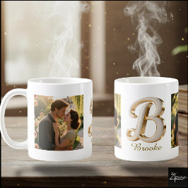 Luxury Cursive Gold White Initial B + 2 PHOTO Koffiemok