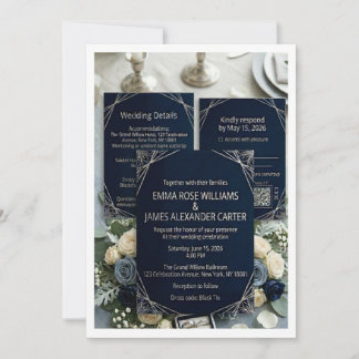 Luxury Dark Navy & Silver Wedding Invitation Suite
