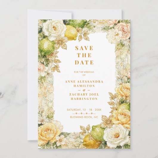Luxury Delicate Mediterranean Lemons & Flowers Save The Date (Voorkant)