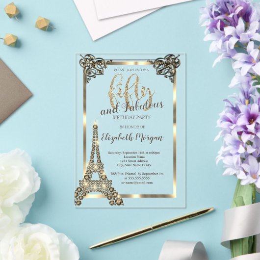 Luxury Diamonds Eiffel Tower, Border 50th Birthday Acryl Uitnodigingen (Insitu (Huwelijk))