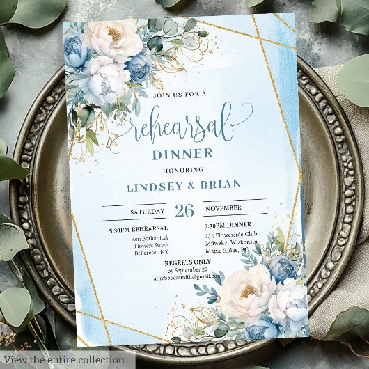 Luxury Dusty Blue Floral Gold Rehearsal Invitation