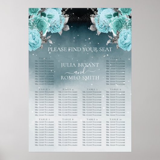 Luxury Dusty Blue Floral Wedding Seating Chart Poster (Voorkant)