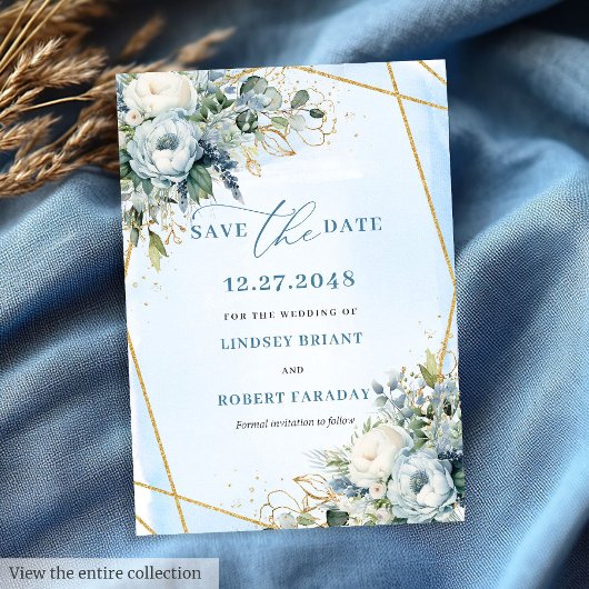 Luxury Dusty Blue White Gold Peonies Save The Date Kaart