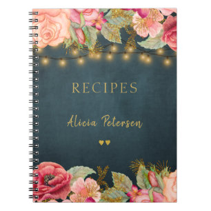 Luxury elegant blush navy gold floral recipe book notitieboek