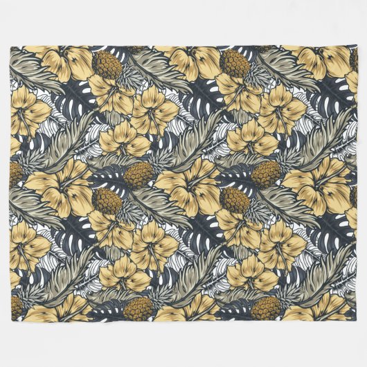 Luxury Elegant Gold N' Black Tropical Flowers Fleece Deken (Voorkant (Horizontaal))