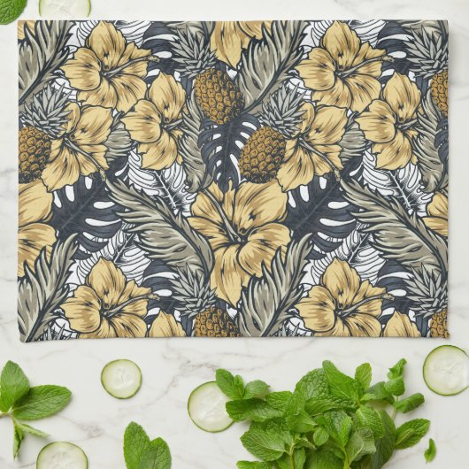 Luxury Elegant Gold N' Black Tropical Flowers Theedoek (Gevouwen)