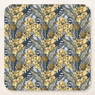 Luxury Elegant Gold N' Black Tropical Flowers Vierkante Kartonnen Onderzetter
