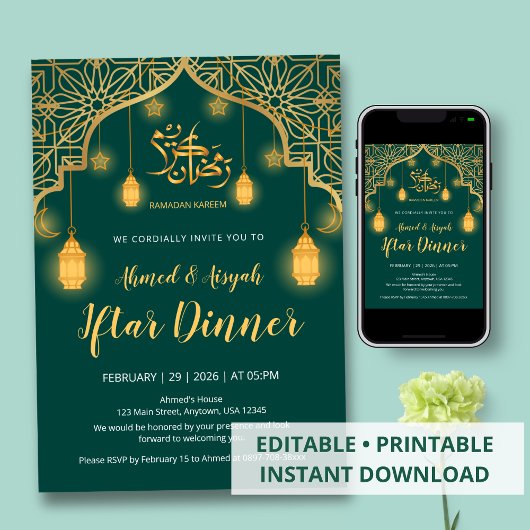 Luxury Emerald Green and Gold Geometric Iftar Kaart