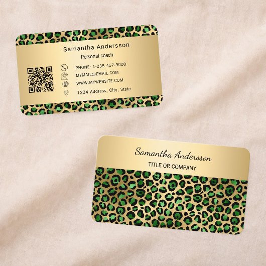 Luxury Emerald Green Gold Leopard Print QR Code Visitekaartje