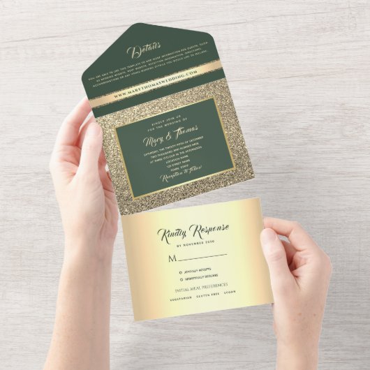 Luxury Emerald Green Wedding All In One Uitnodiging (Afscheurbaar)