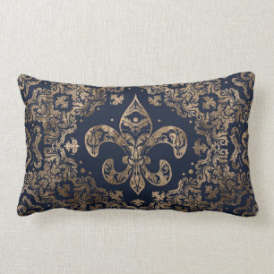 Luxury Fleur-de-lis Ornament - goud en donkerblauw Kussen