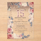 Luxury Floral,Butterfly,Lights 15th Birthday Acryl Uitnodigingen (Voorkant)