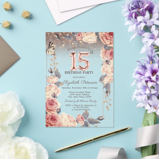 Luxury Floral,Butterfly,Lights 15th Birthday Acryl Uitnodigingen (Insitu (Huwelijk))