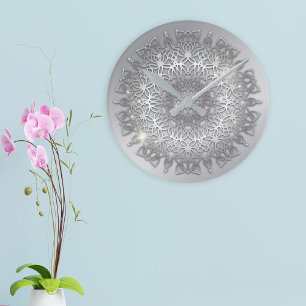Luxury Gglozing Sparkouszilver Metallic Mandala Ronde Klok