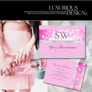 Luxury Girly Pink Glitter Monogram Silver Border Visitekaartje