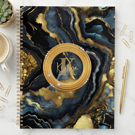 Luxury Glam Black Blue Gold Agate Marble Monogram