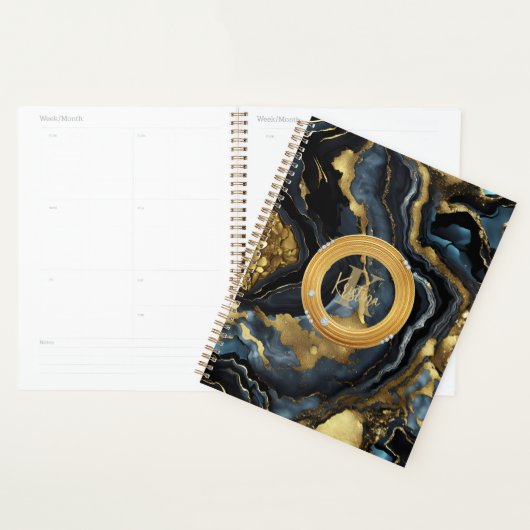 Luxury Glam Black Blue Gold Agate Marble Monogram Planner (Display)