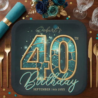 Luxury Glam Teal Gold Agate 40th Birthday Party Papieren Bordje