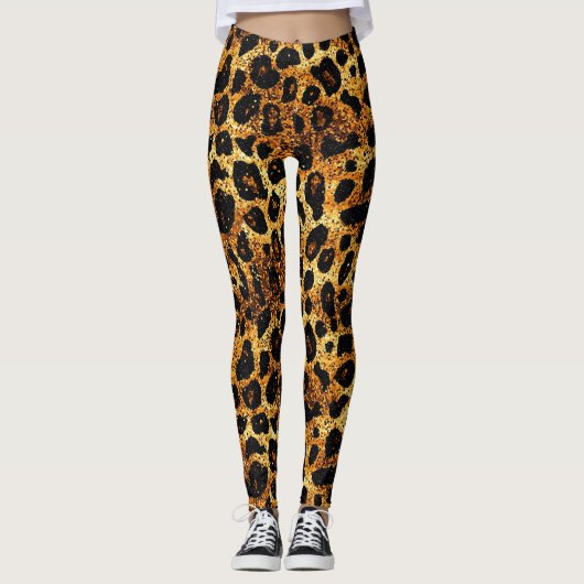 Luxury Glitter Gold Brown Rust Leopard Pattern Leggings (Voorkant)