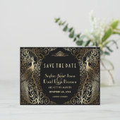 Luxury Gold Art Deco Peacocks bespaart de datum Save The Date (Staand voorkant)