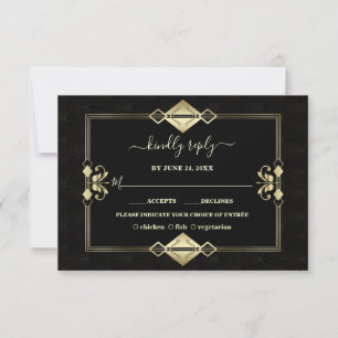 Luxury Gold Black Art Deco Fleur-de-Lis Wedding RSVP Kaartje